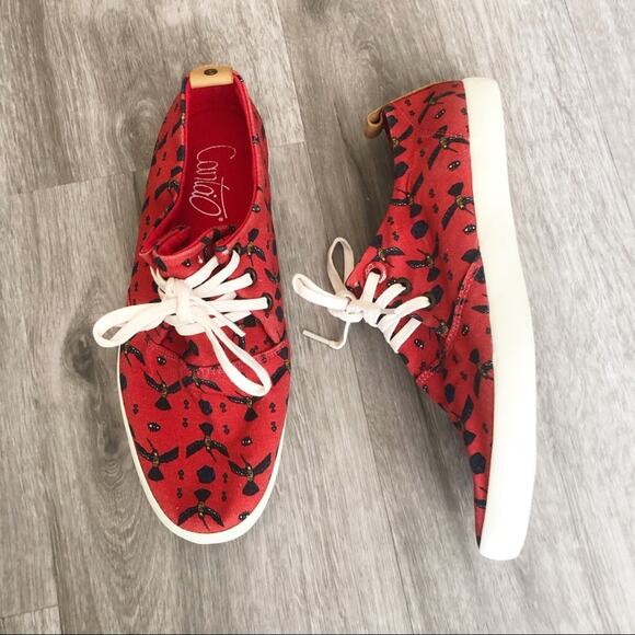 Cantao Tennis Sneakers Red and Bird Print 8 - Picture 1 of 8